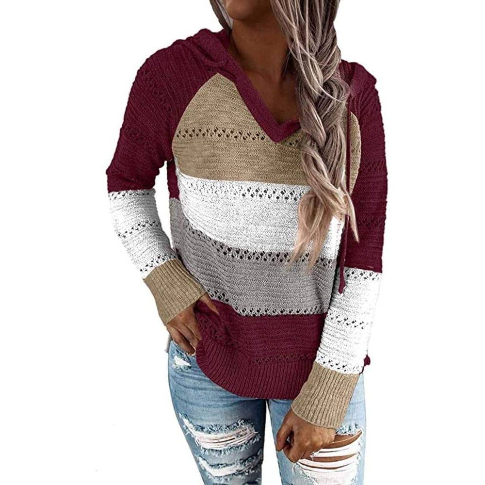 Womens Striped Hooded Sweater‎ Casual Long Sleeve Pullover M